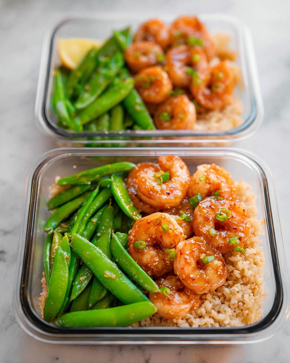 Two meal prep containers filled with shrimp recipes, brown rice, and snow peas, garnished with green onions.