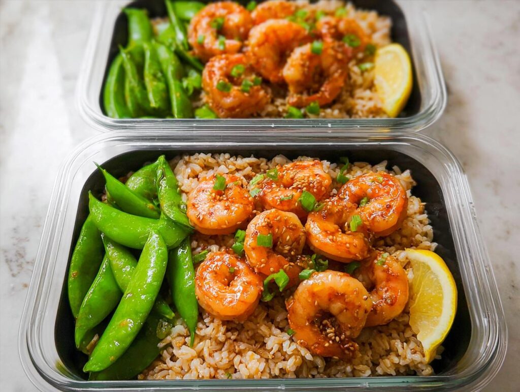 Two meal prep containers filled with brown rice, glazed shrimp, and snap peas, perfect for shrimp recipes meal prep.