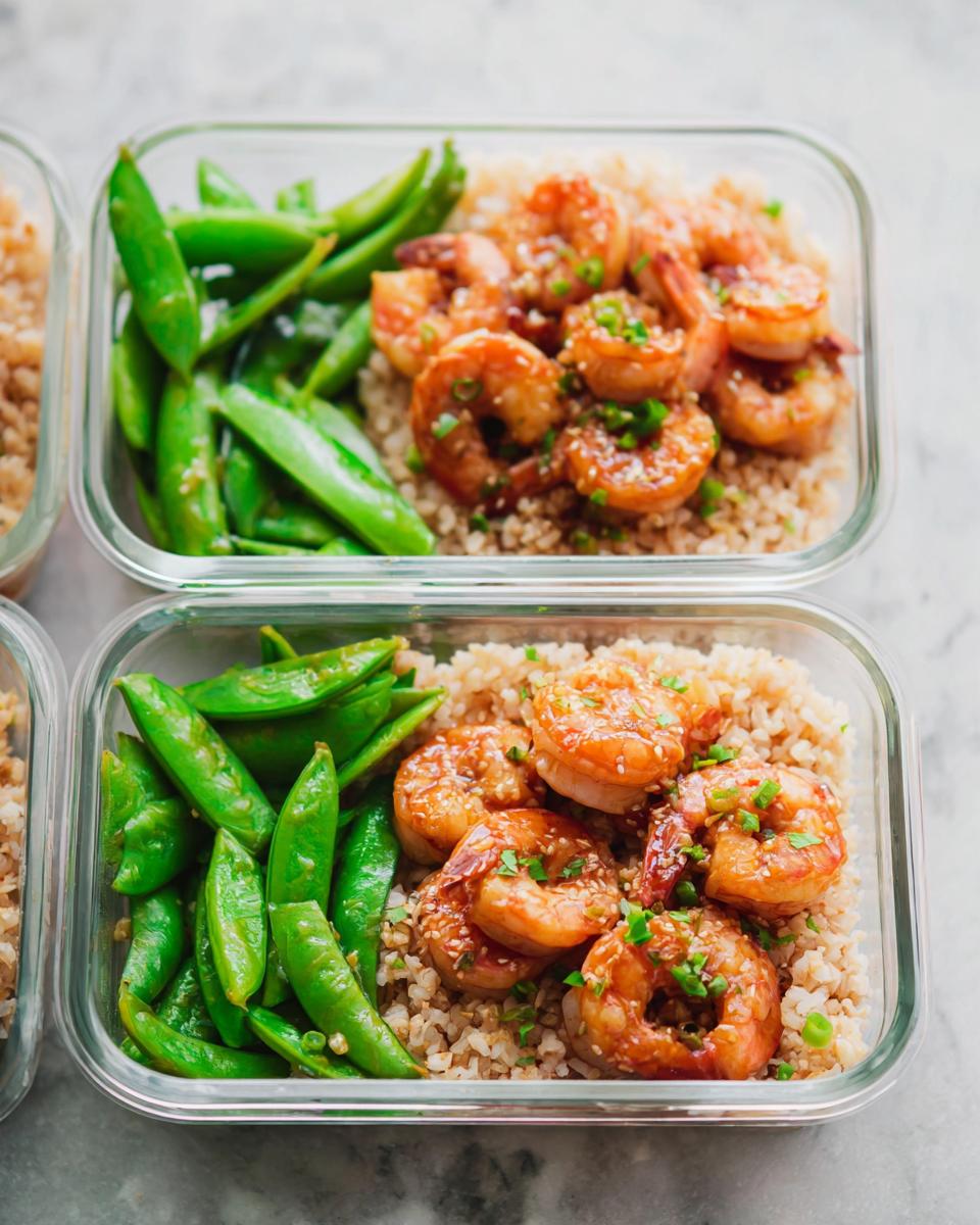 Meal prep containers filled with shrimp recipes, brown rice, and snow peas, perfect for a healthy lunch.