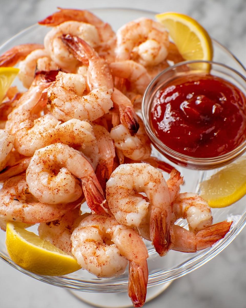A platter of seasoned shrimp recipes served with lemon wedges and cocktail sauce, perfect for cooking like a pro.