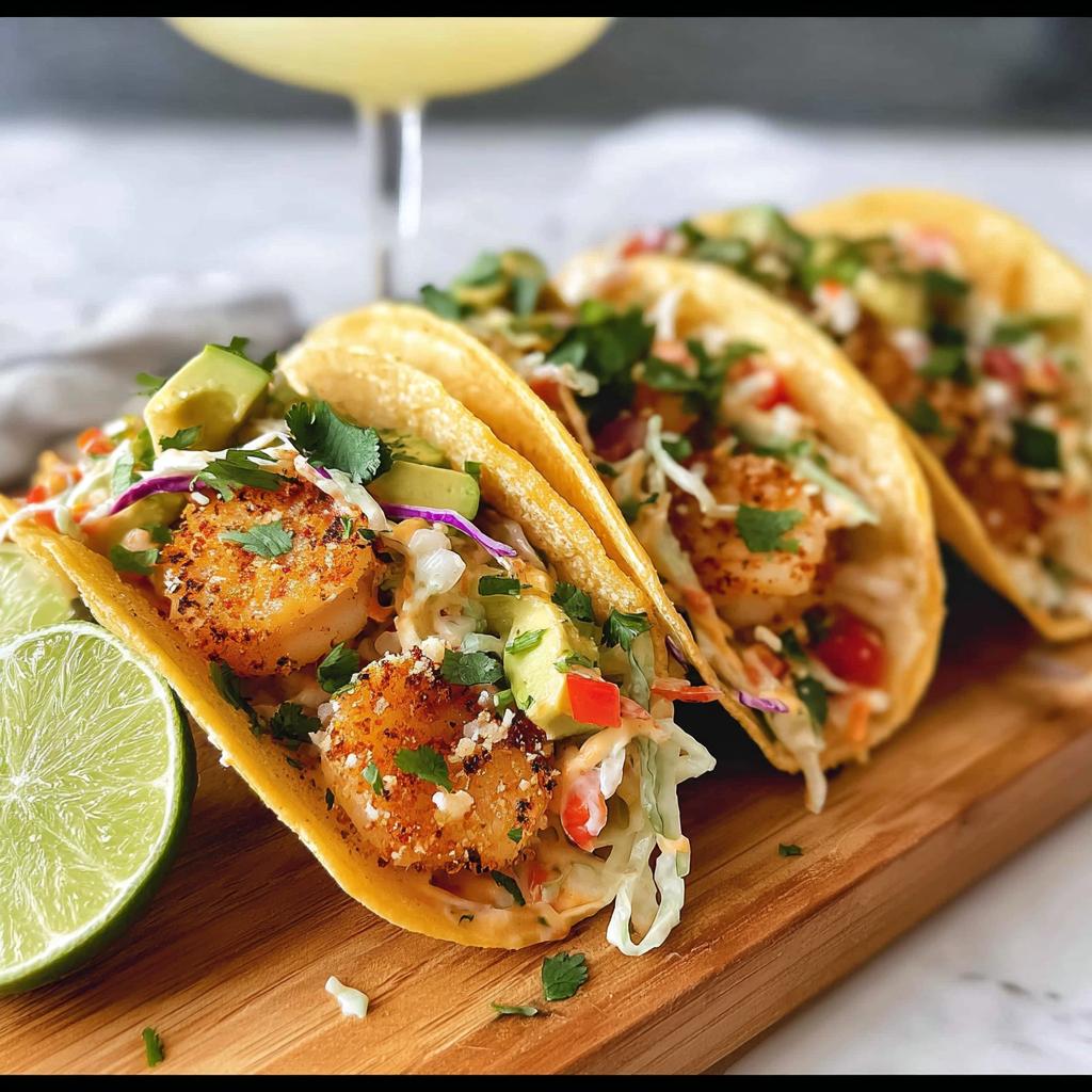 Three flavorful shrimp tacos filled with seasoned shrimp, avocado, cabbage slaw, and cilantro, perfect for quick shrimp recipes.