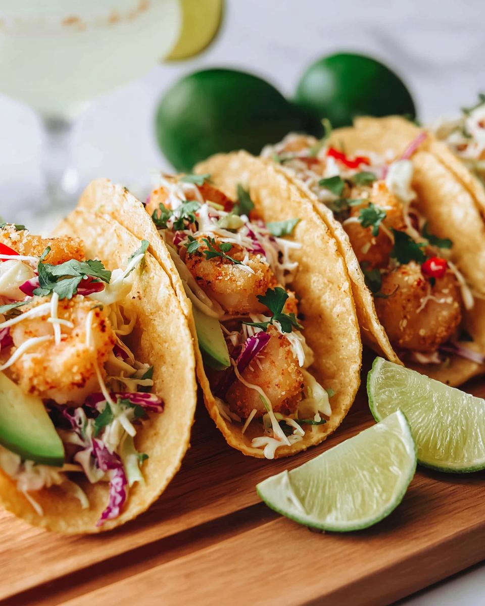 Close-up of crispy shrimp tacos with avocado, cabbage slaw, and cilantro, perfect for quick shrimp recipes.