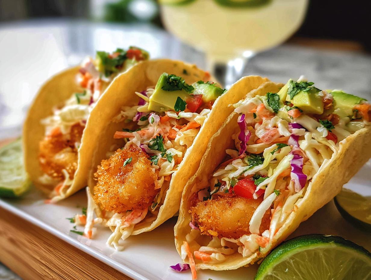 Three crispy shrimp tacos filled with slaw, avocado, and tomato, part of quick shrimp recipes.