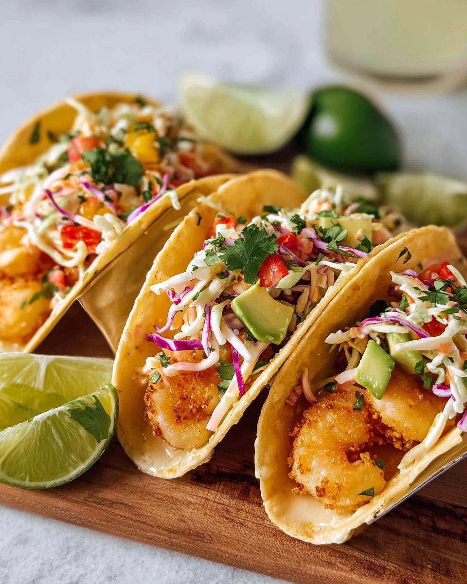 Three delicious shrimp tacos filled with crispy shrimp, slaw, avocado, and cilantro. A quick shrimp recipe.