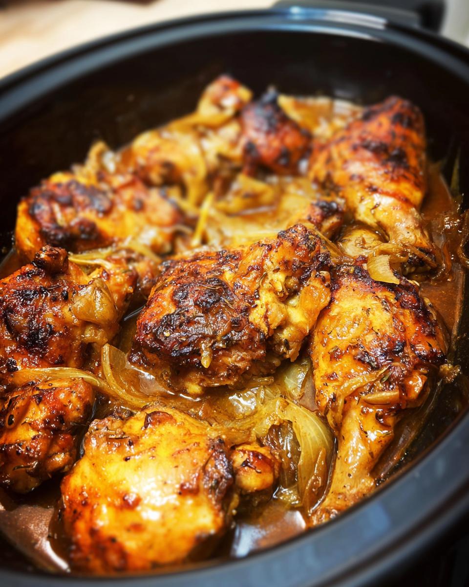 Close-up of tender, browned chicken pieces with caramelized onions in a slow cooker.