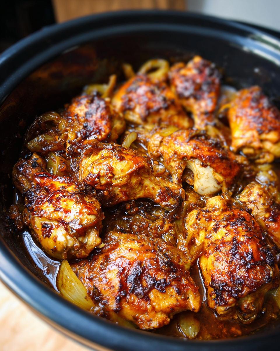 Close-up of tender, glazed chicken pieces with onions in a slow cooker, part of 'The Only Chicken Recipes Recipe You’ll Need (2025)'.