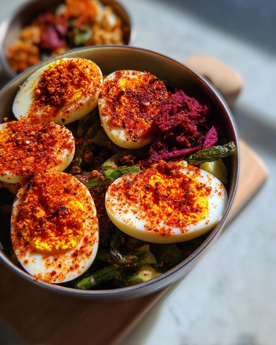 Close-up of halved hard-boiled eggs sprinkled with red spice, served over greens and shredded beets.