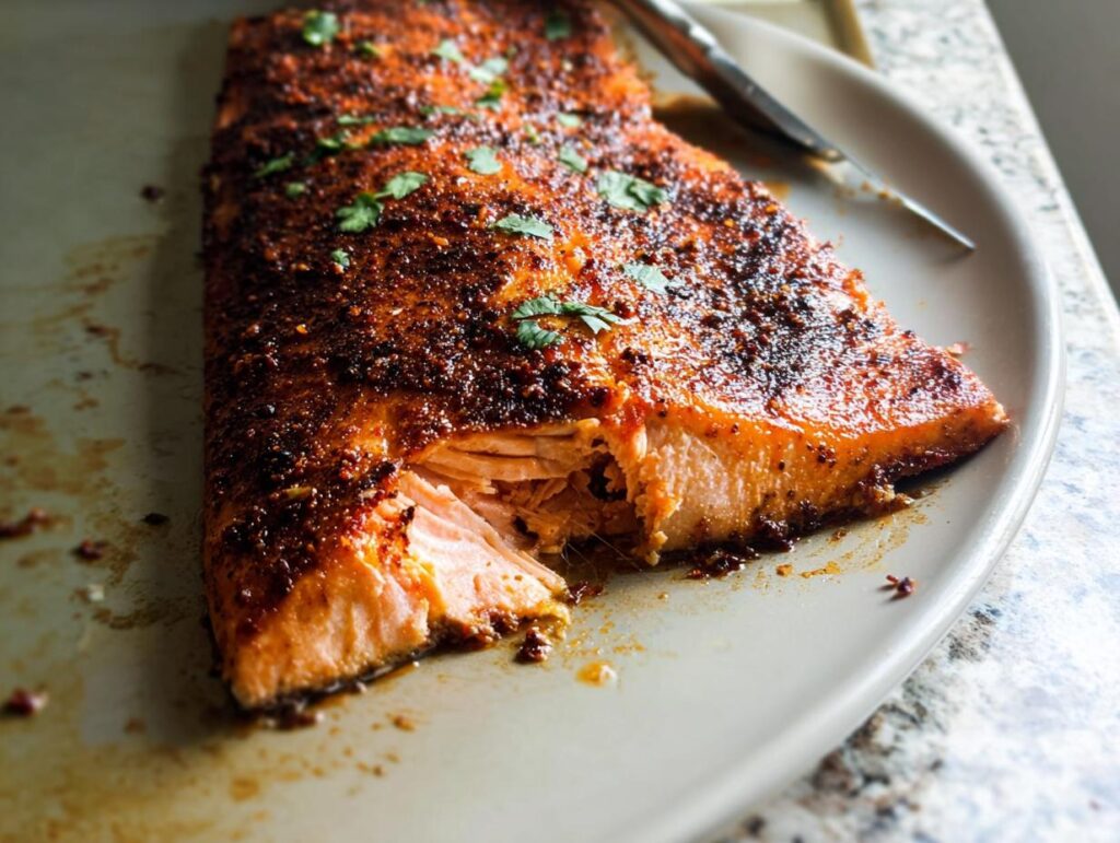 A close-up of a perfectly cooked salmon fillet with a spiced crust, ready to be served. This is one of the best salmon recipes.