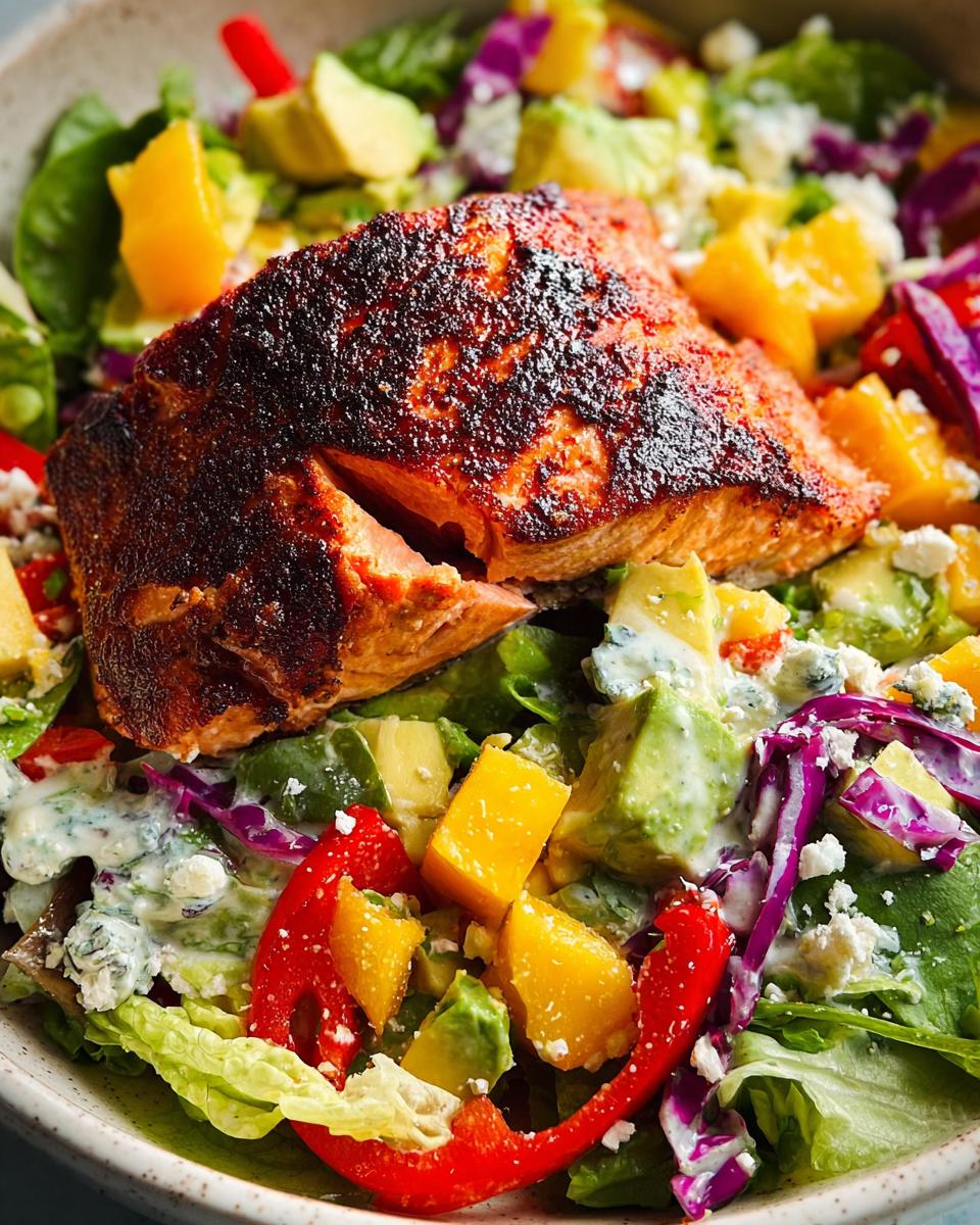 A perfectly cooked piece of spiced salmon sits atop a vibrant salad with avocado, mango, and red pepper. A quick salmon recipe.