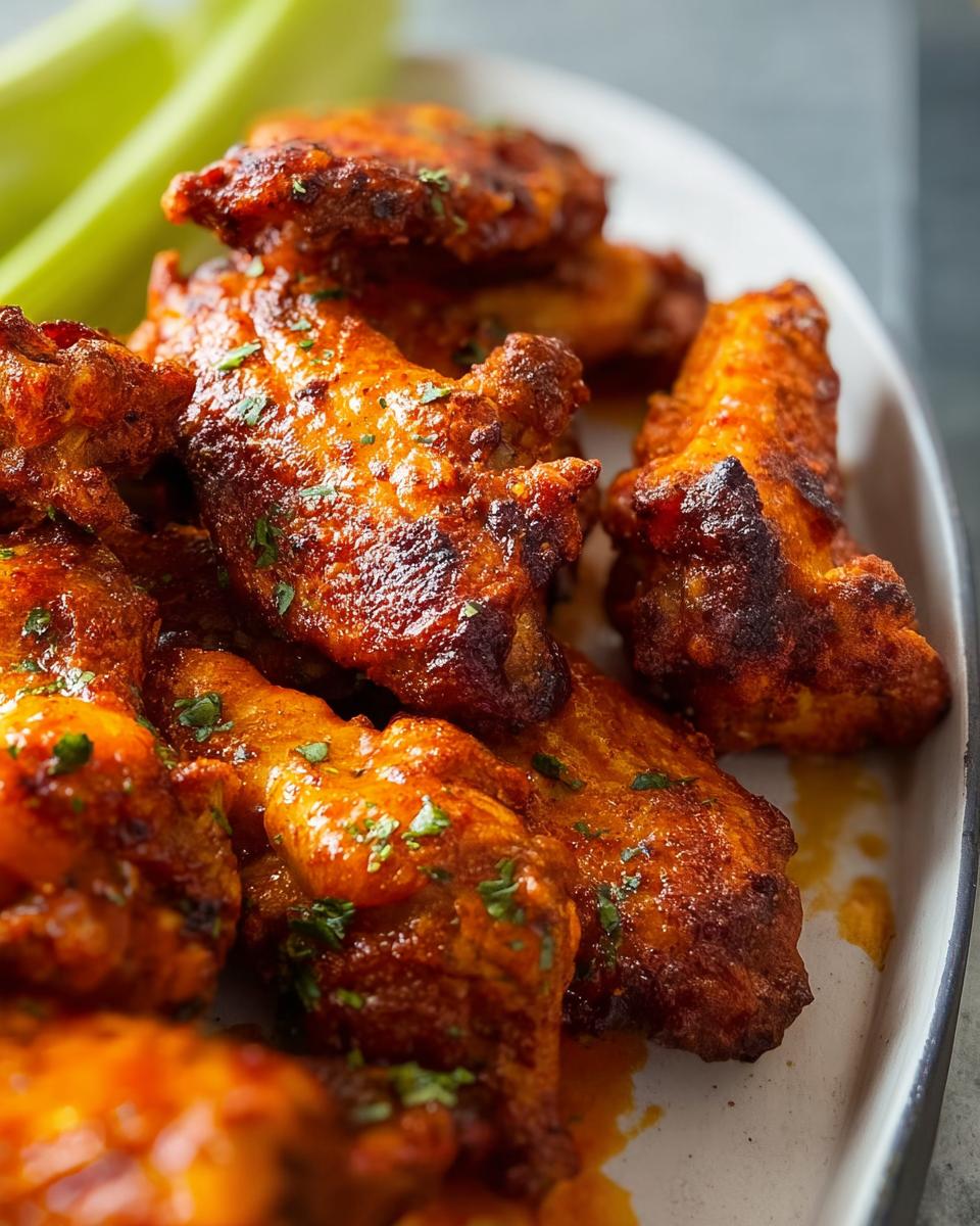 A plate of delicious, spicy chicken wings garnished with parsley, served with celery sticks.