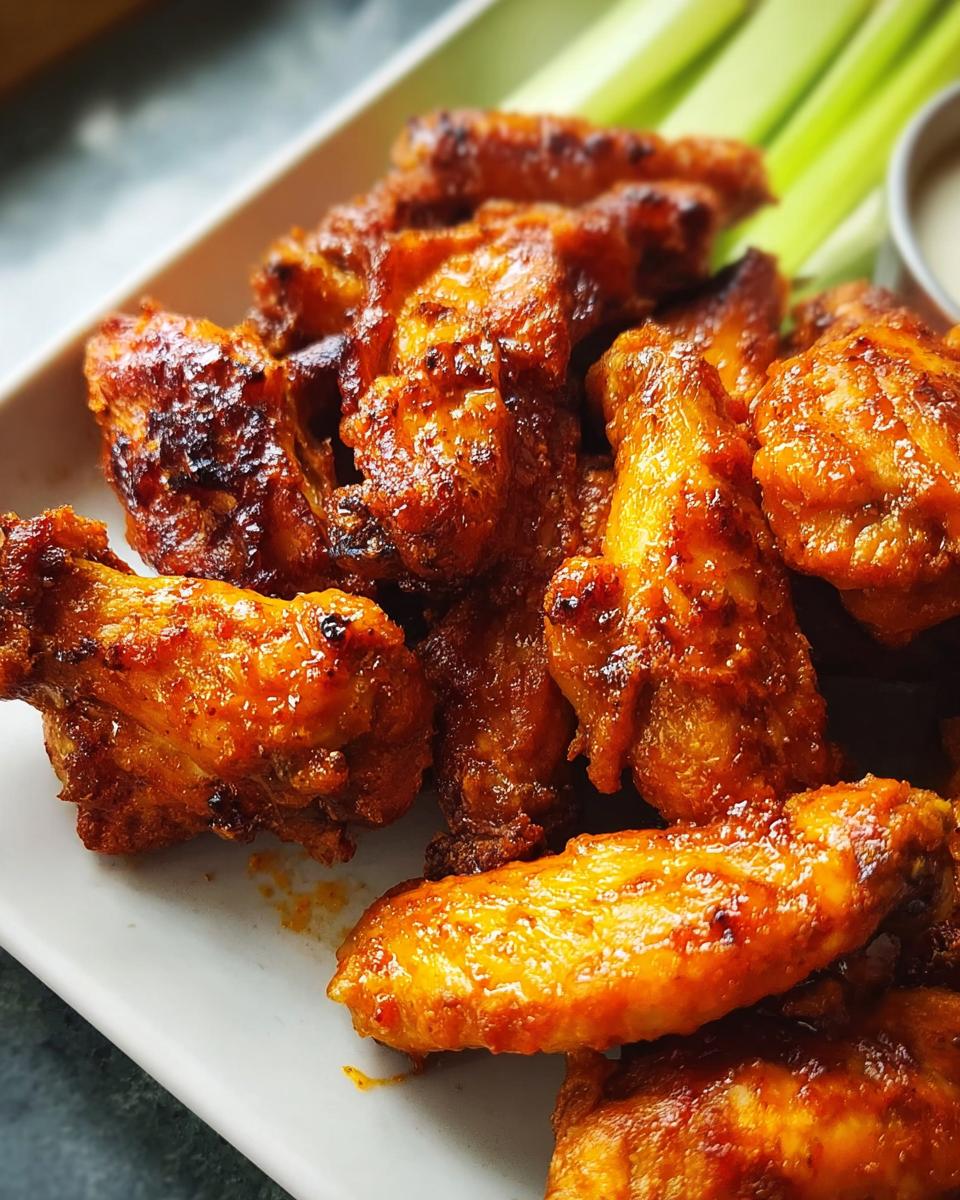 A plate of delicious, spicy chicken wings served with celery sticks and dipping sauce, perfect for busy weeknights.