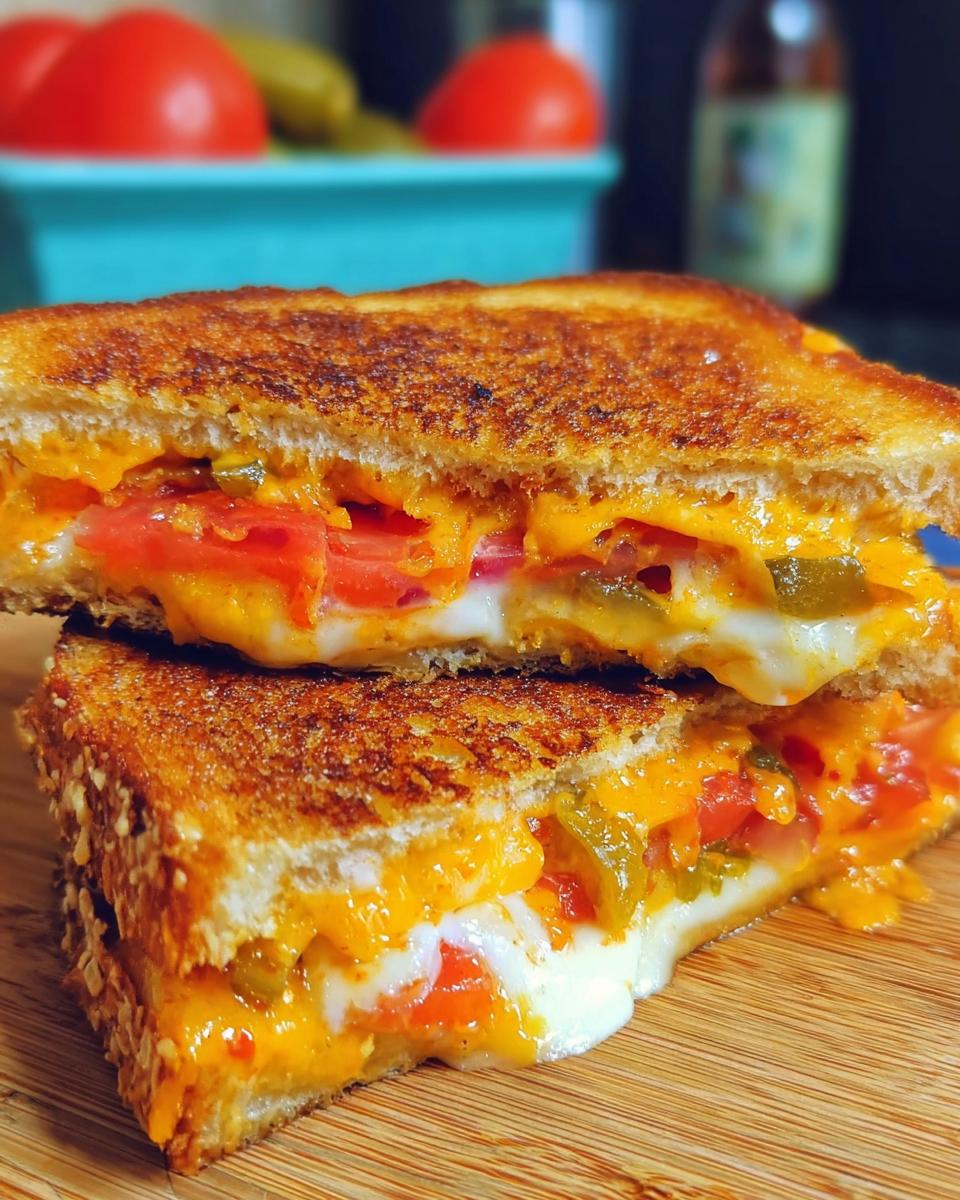 Close-up of a spicy tomato grilled cheese recipe, showing melted cheese, tomato slices, and jalapenos.