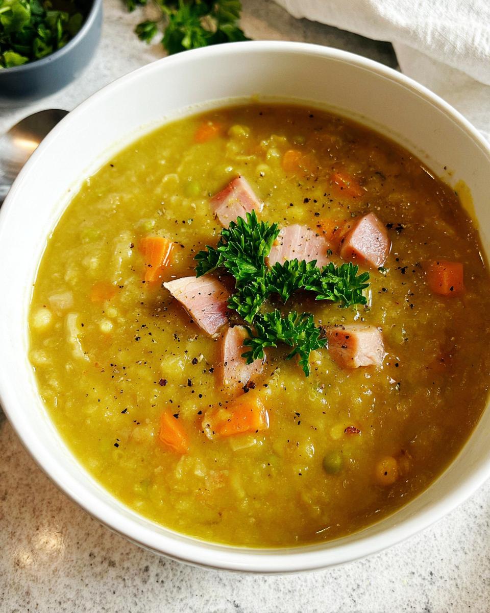 A bowl of delicious split pea soup with ham, carrots, and parsley, a perfect example of how to make soup recipes.