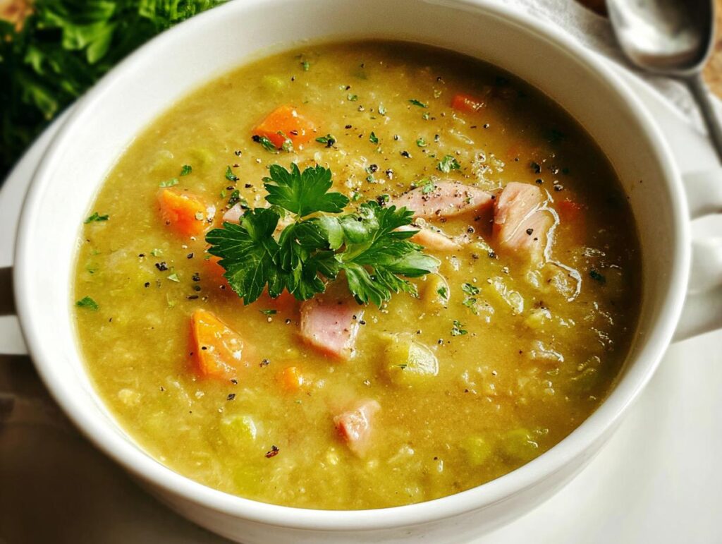 A close-up of a bowl of hearty split pea soup with ham, carrots, and parsley, perfect for soup recipes.