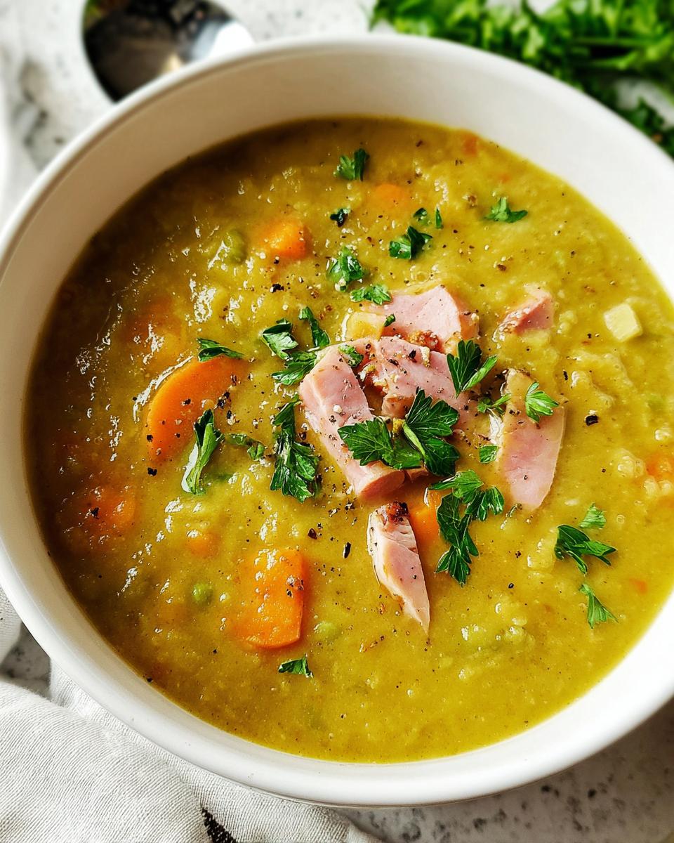 A close-up of a bowl of split pea soup with ham, carrots, and parsley, showcasing one of the best soup recipes.