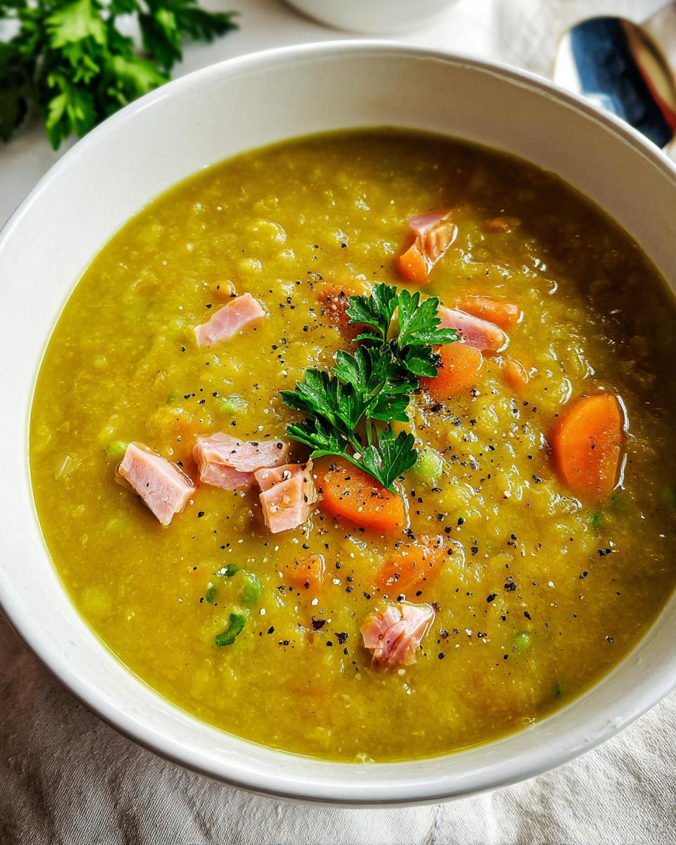 A close-up of a bowl of split pea soup with ham, carrots, and parsley. Learn how to make soup recipes like a pro.