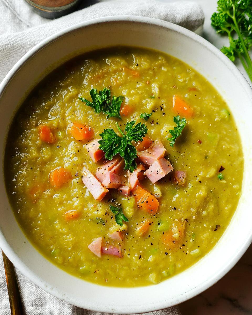 A bowl of delicious split pea soup recipe, garnished with diced ham, carrots, and fresh parsley.