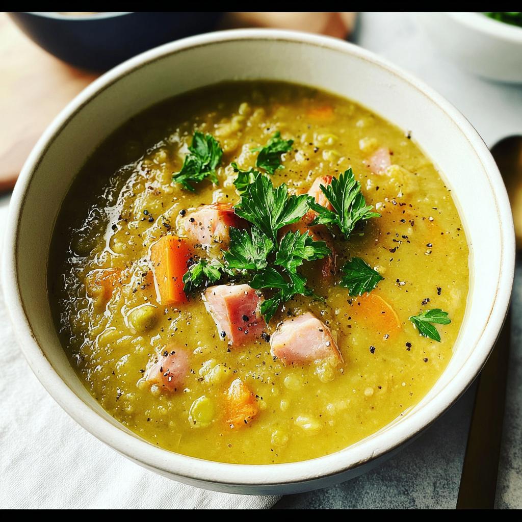 A bowl of delicious split pea soup with ham, carrots, and parsley, perfect for any soup recipe.