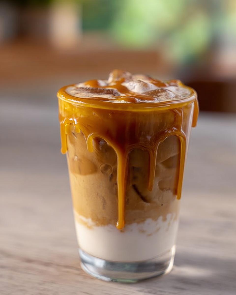 A delicious iced caramel macchiato, a Starbucks drink recipe, with layers of milk, coffee, and caramel drizzle.