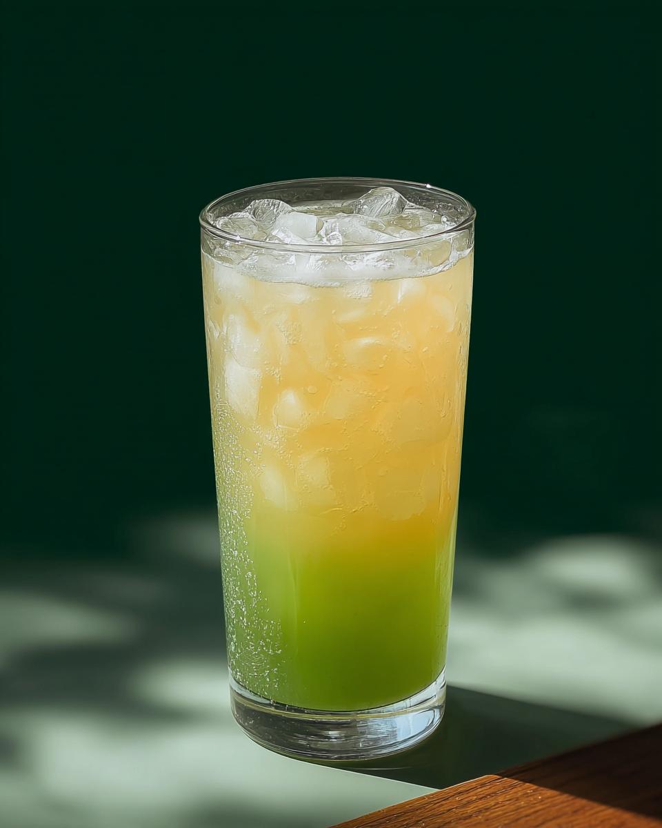 A tall glass filled with ice and a layered green and yellow Starbucks drink, part of 20-Ingredient Starbucks Drinks Recipes.