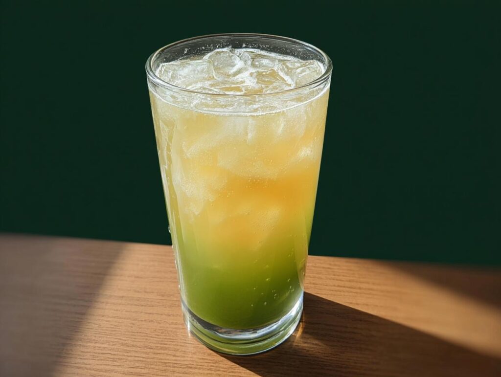 A tall glass filled with ice and a layered green and yellow Starbucks drink, perfect for 20-Ingredient Starbucks Drinks Recipes.