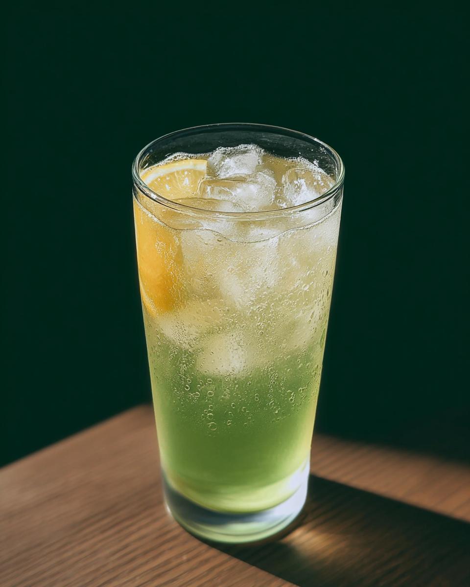 A tall glass filled with a layered green and yellow Starbucks drink, ice, and a lemon slice.