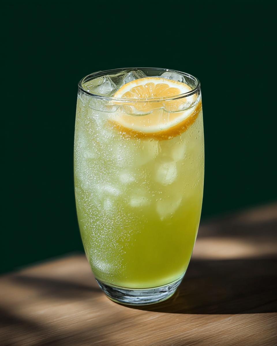 A tall glass filled with ice and a bubbly green Starbucks drink, garnished with a lemon slice.