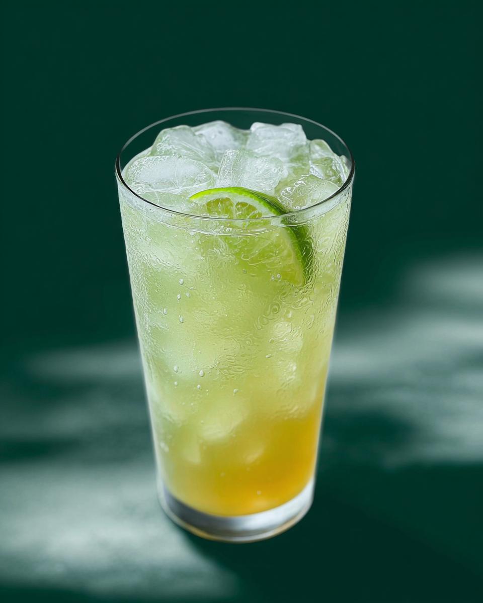 A tall glass filled with ice, a refreshing green and yellow layered Starbucks drink, and a lime slice garnish.