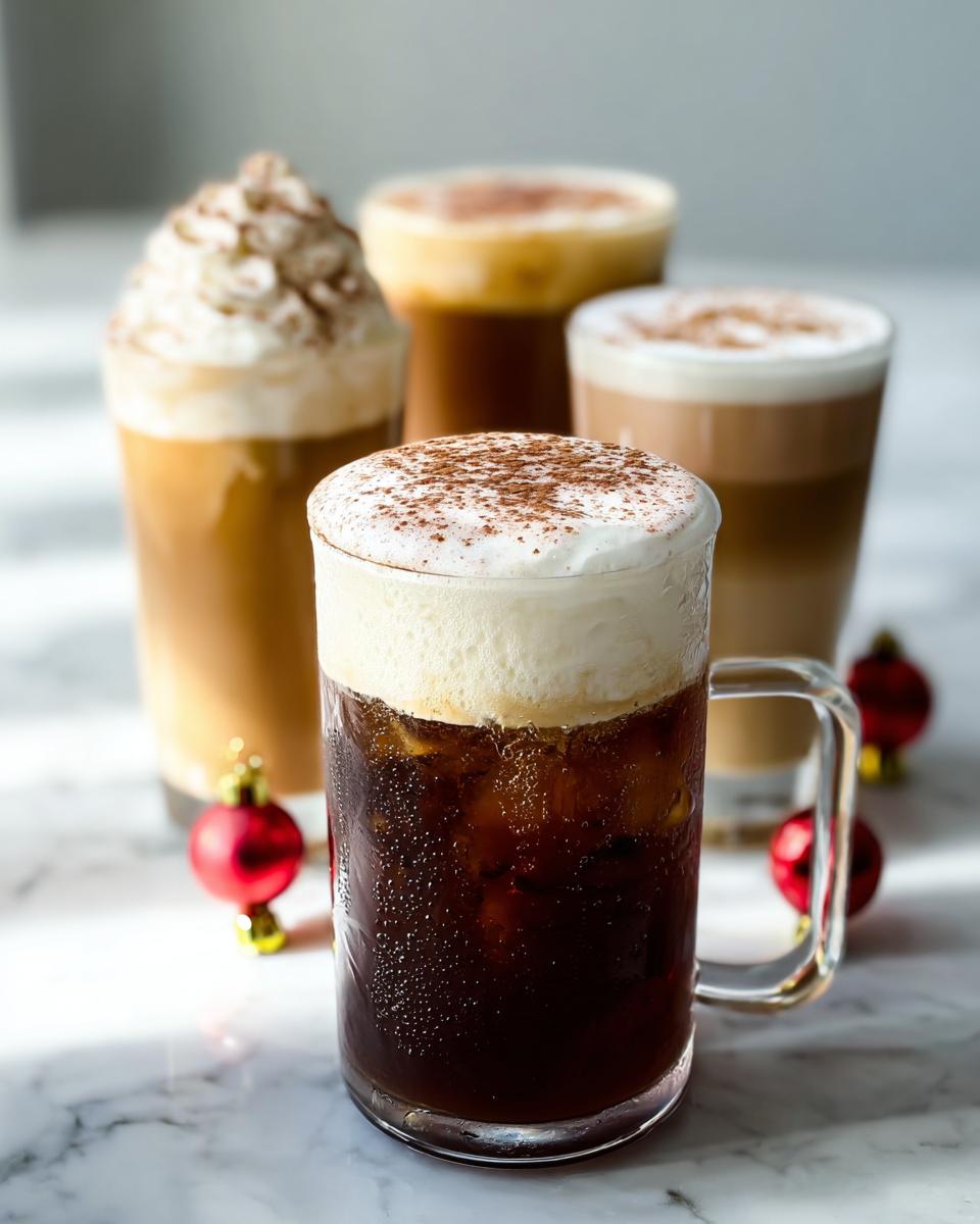 A collection of iced Starbucks drinks recipes, including a creamy iced coffee and a layered latte, topped with foam and cocoa powder.