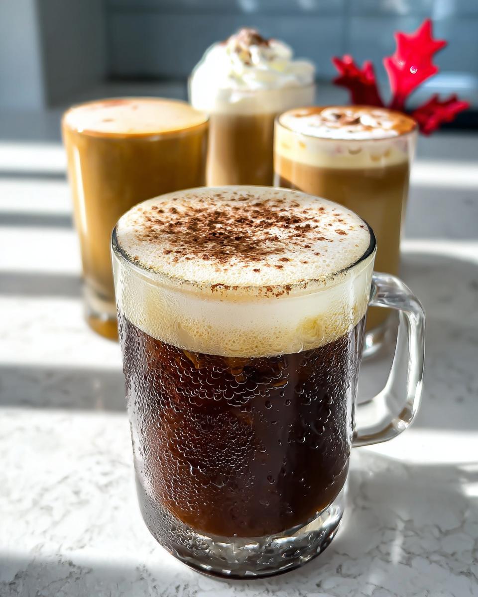 A collection of Starbucks drinks recipes, including lattes, iced coffee, and a whipped cream topped beverage.