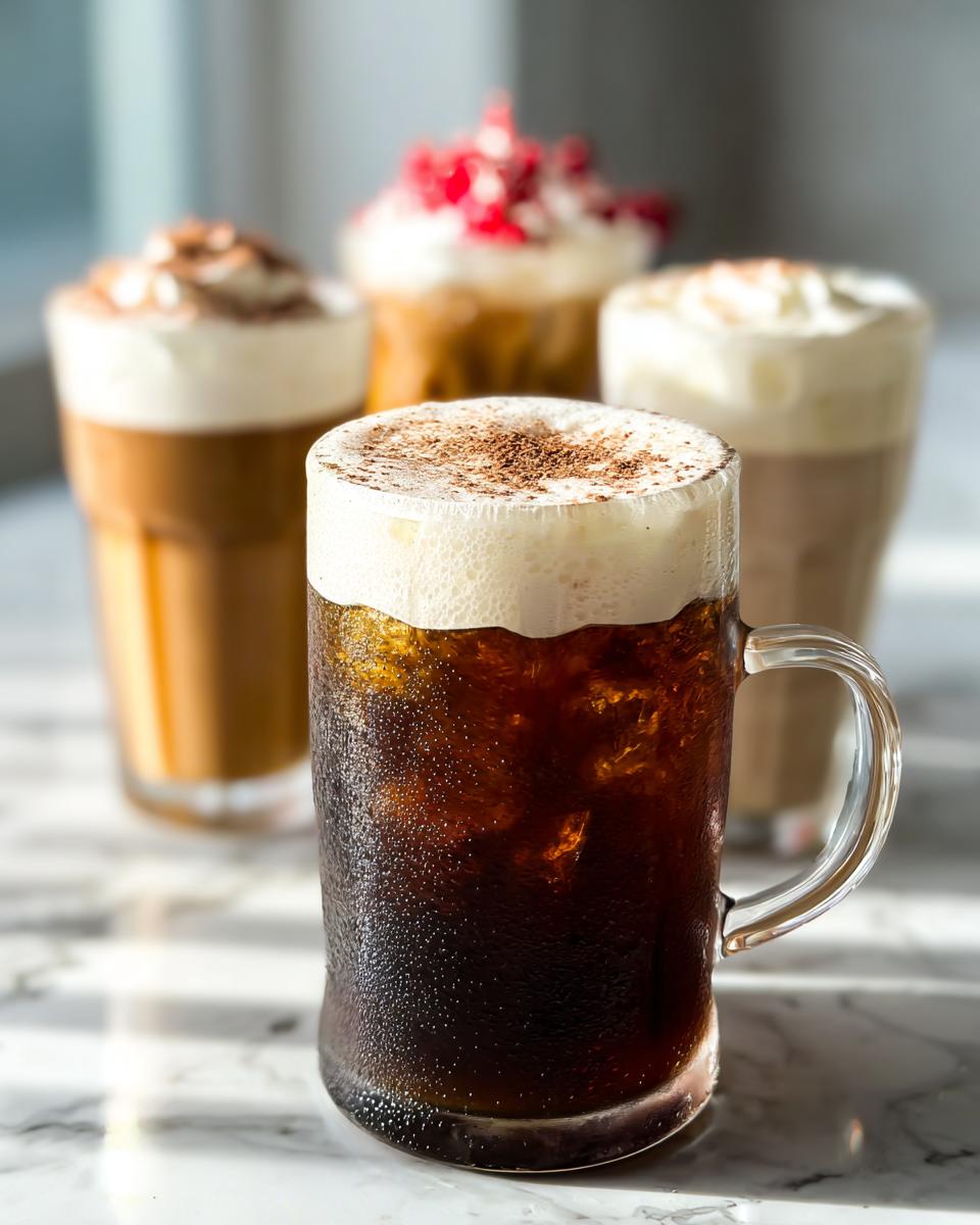 A selection of delicious Starbucks drinks recipes, including iced coffee with foam and other sweet beverages.
