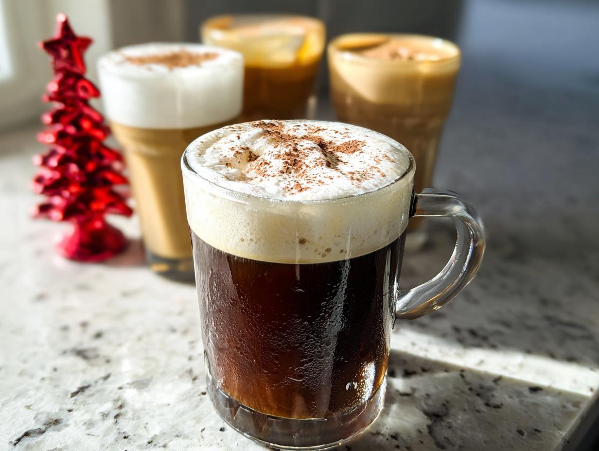 A close-up of a frothy coffee drink, topped with whipped cream and cinnamon, with other Starbucks drinks recipes in the background.