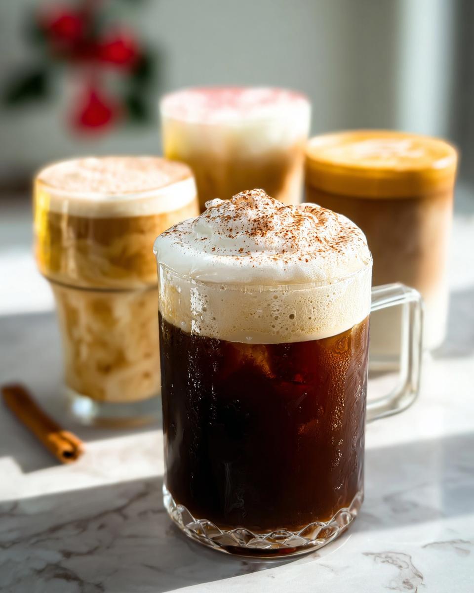 Close-up of an iced coffee with a thick layer of foam and cinnamon, part of a collection of Starbucks Drinks Recipes.