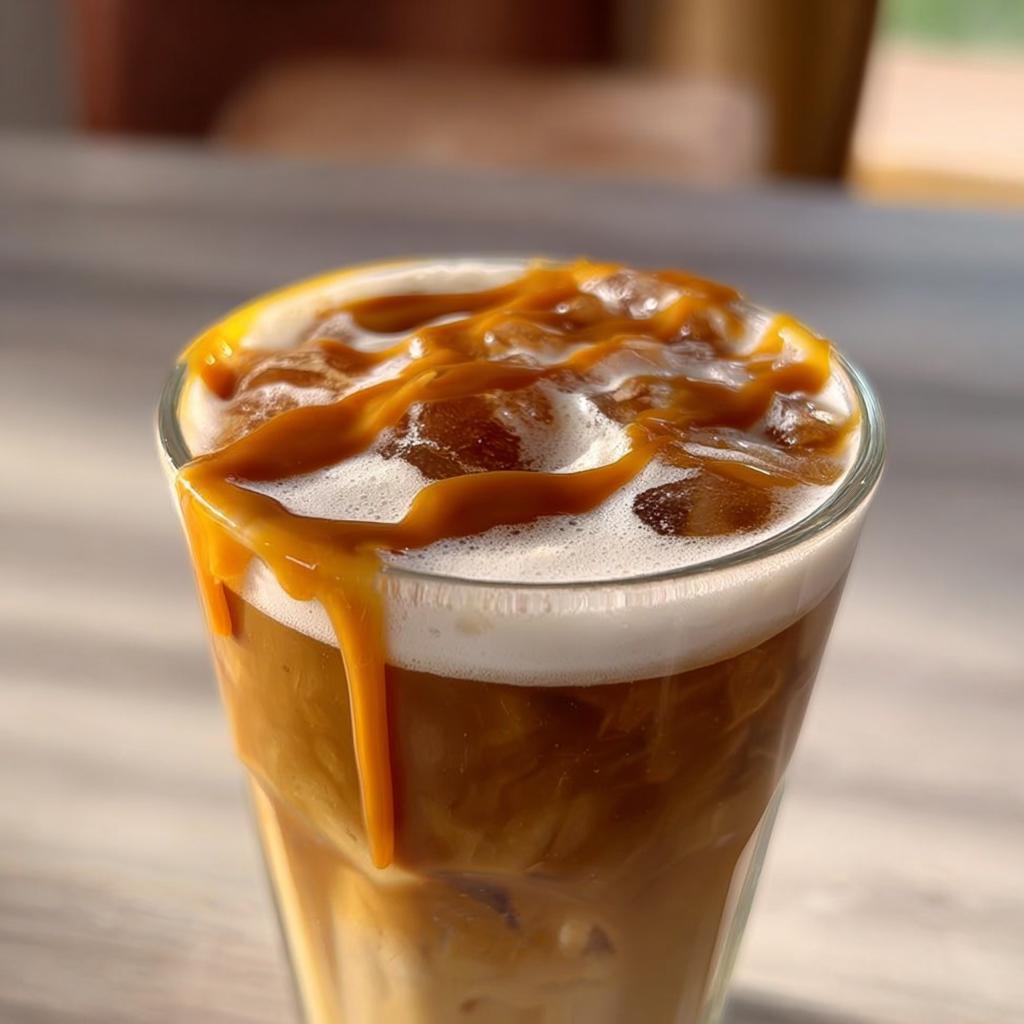 Close-up of a tall glass of iced coffee with milk, topped with foam and a generous drizzle of caramel sauce, part of Starbucks Drinks Recipes.