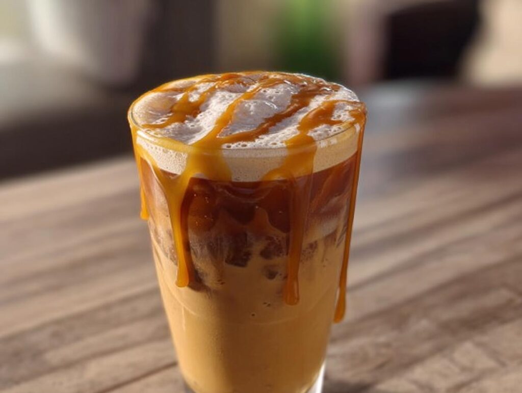 A refreshing iced coffee with caramel drizzle, perfect for making Starbucks drinks recipes at home.