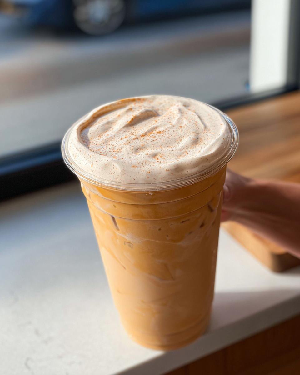 A tall iced coffee drink with creamy foam topping, dusted with cinnamon, made in the style of Starbucks drinks.