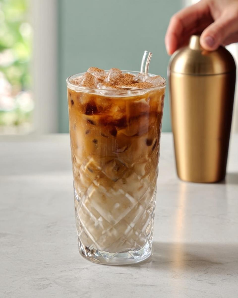 A tall glass of iced coffee with milk and cinnamon, part of Starbucks Drinks Recipes.