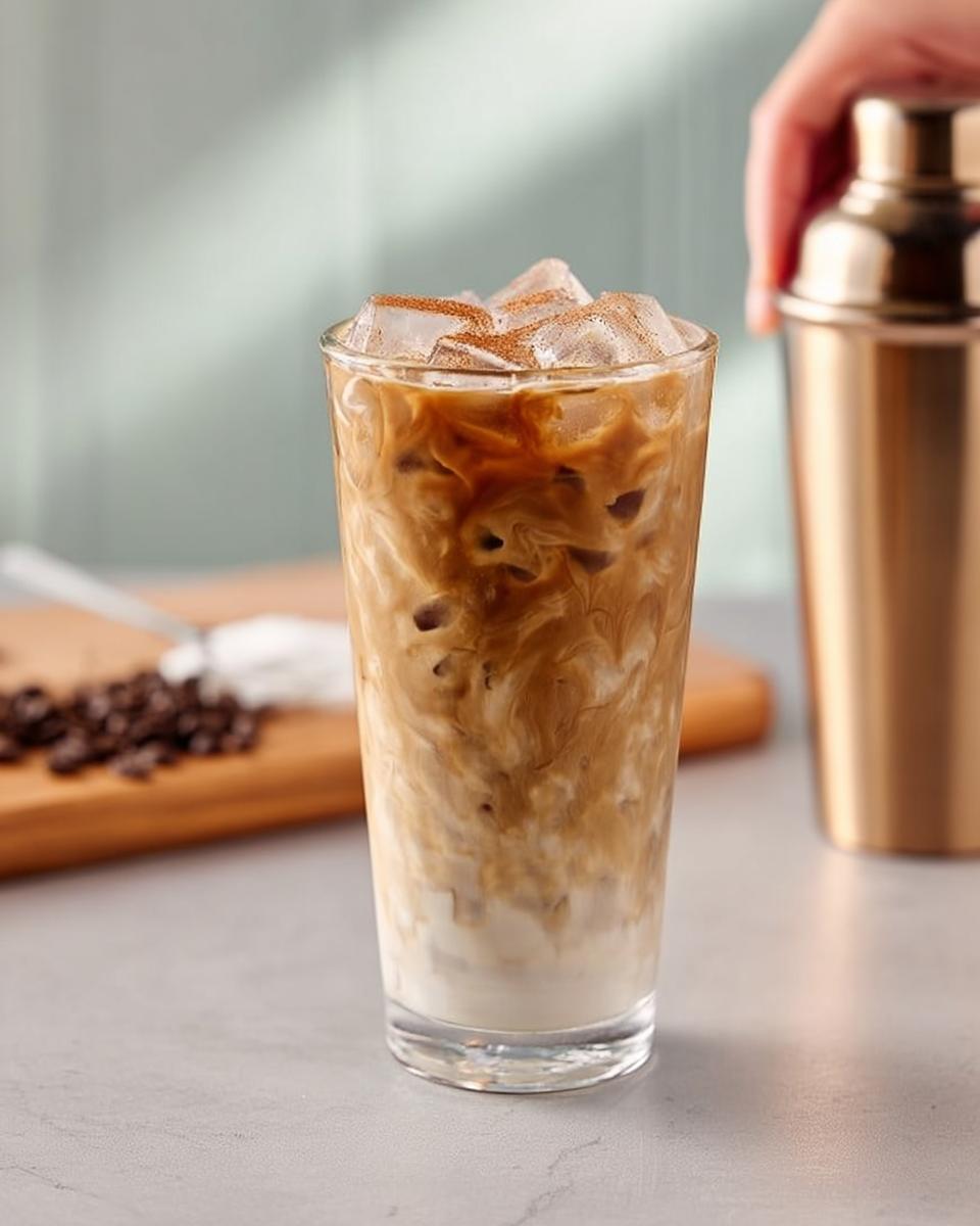 A tall glass filled with an iced coffee drink, showing swirls of cream and ice, topped with cinnamon. Part of a Starbucks Drinks Recipes article.
