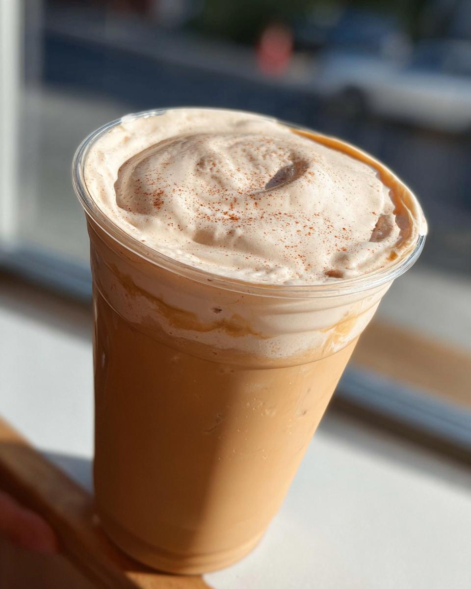 A tall iced coffee drink with a generous swirl of whipped cream, dusted with cinnamon, perfect for Restaurant-Style Starbucks Drinks Recipes at Home.