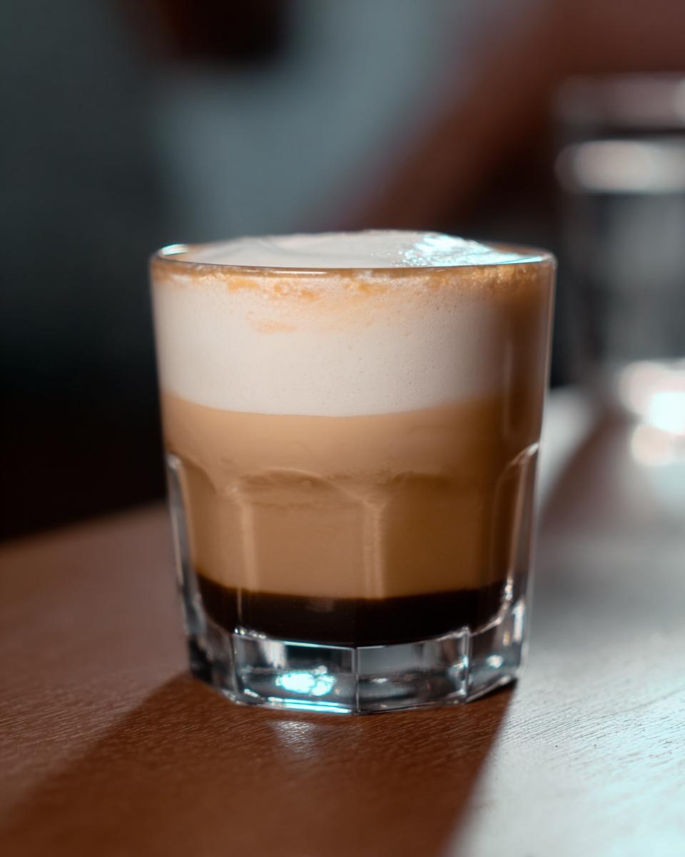 A layered Starbucks drink with espresso, milk, and foam in a glass, perfect for busy weeknights.