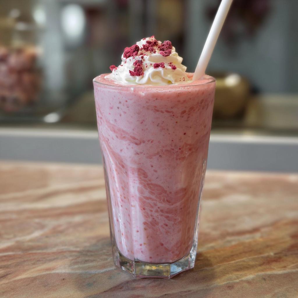 A refreshing pink strawberry frappuccino with whipped cream and freeze-dried berries, a Starbucks drink recipe.