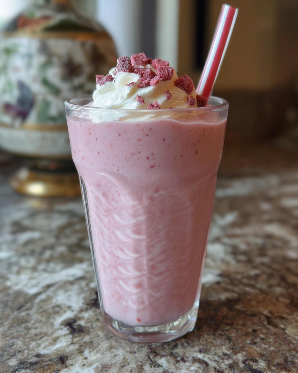 A refreshing pink strawberry drink with whipped cream and freeze-dried strawberries, perfect for Starbucks drink recipes.