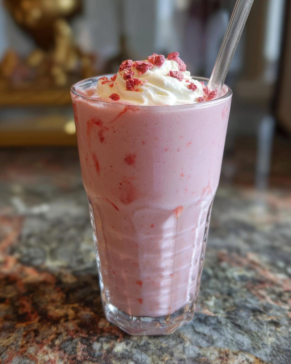A refreshing strawberry frappuccino topped with whipped cream and freeze-dried strawberries, perfect for Starbucks drinks you crave.
