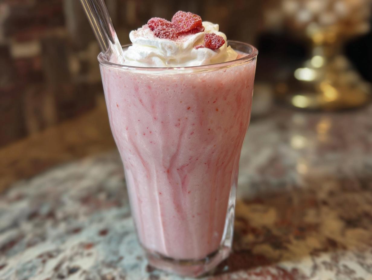 A refreshing strawberry smoothie with whipped cream and strawberry pieces, perfect for when you crave Starbucks drinks.