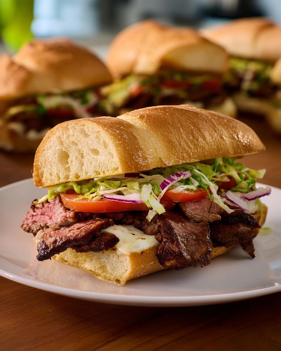 Close-up of a steak sandwich with melted cheese, lettuce, tomato, and onion, part of 7-Ingredient Sandwich Ideas Recipes.