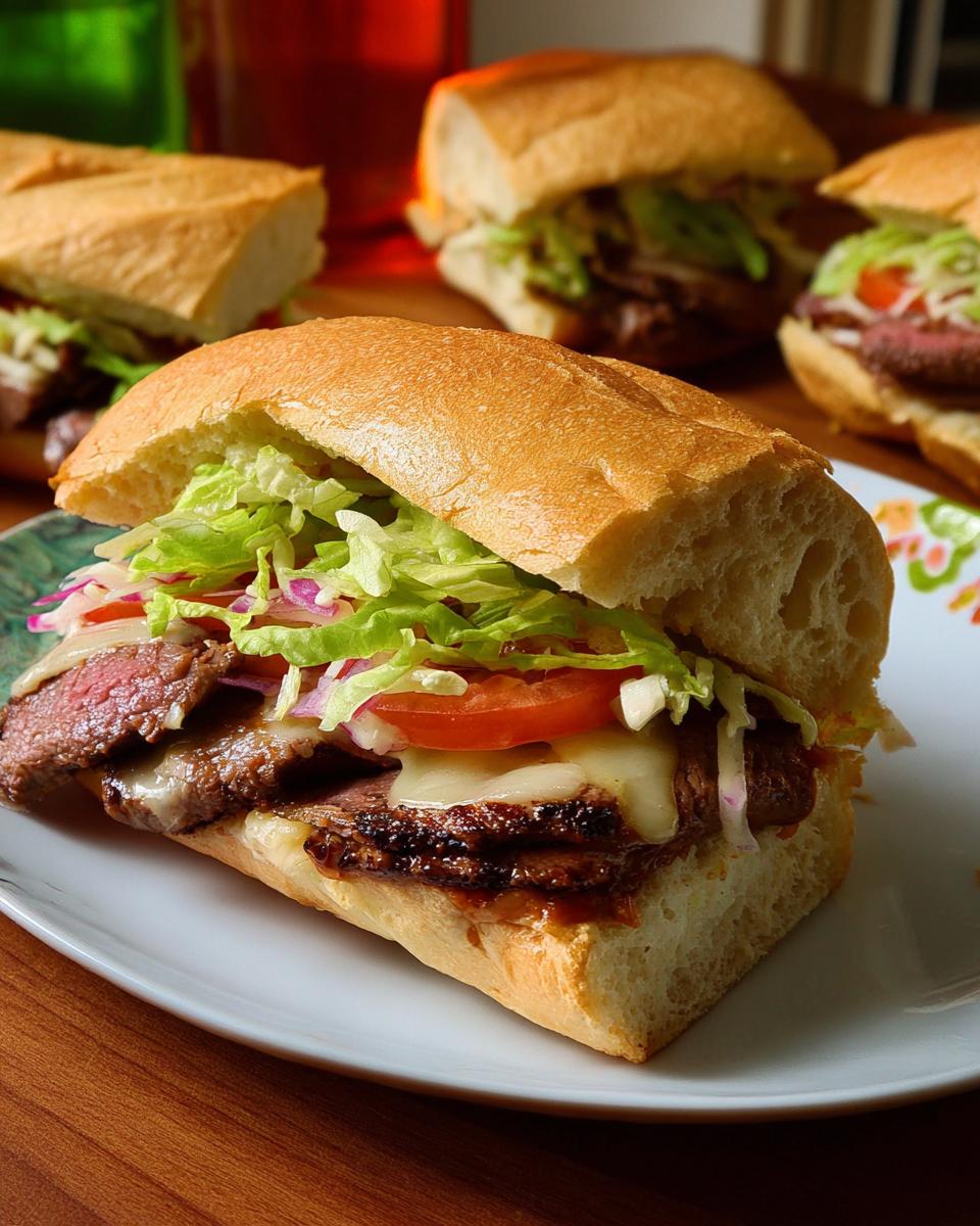 Close-up of a steak sandwich with melted cheese, lettuce, tomato, and red onion on a baguette.