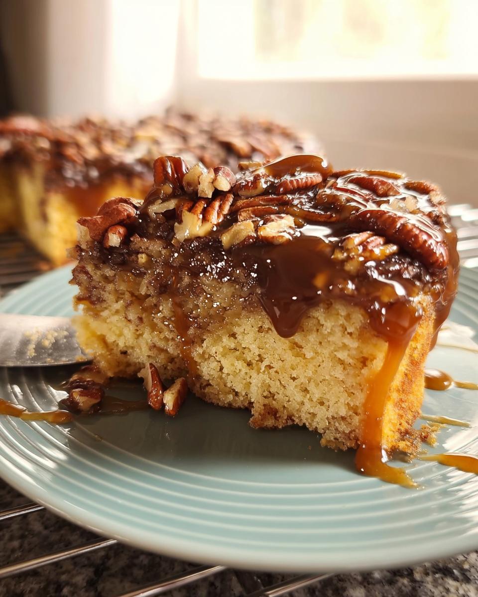 A slice of sticky toffee pecan cake, drizzled with caramel sauce and topped with chopped pecans.