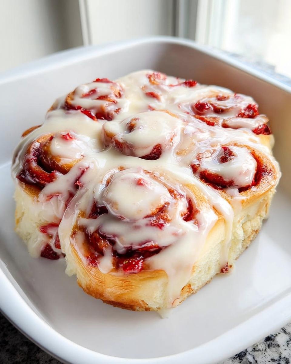 Close-up of sweet strawberry breakfast rolls drizzled with icing, perfect for breakfast ideas recipes.