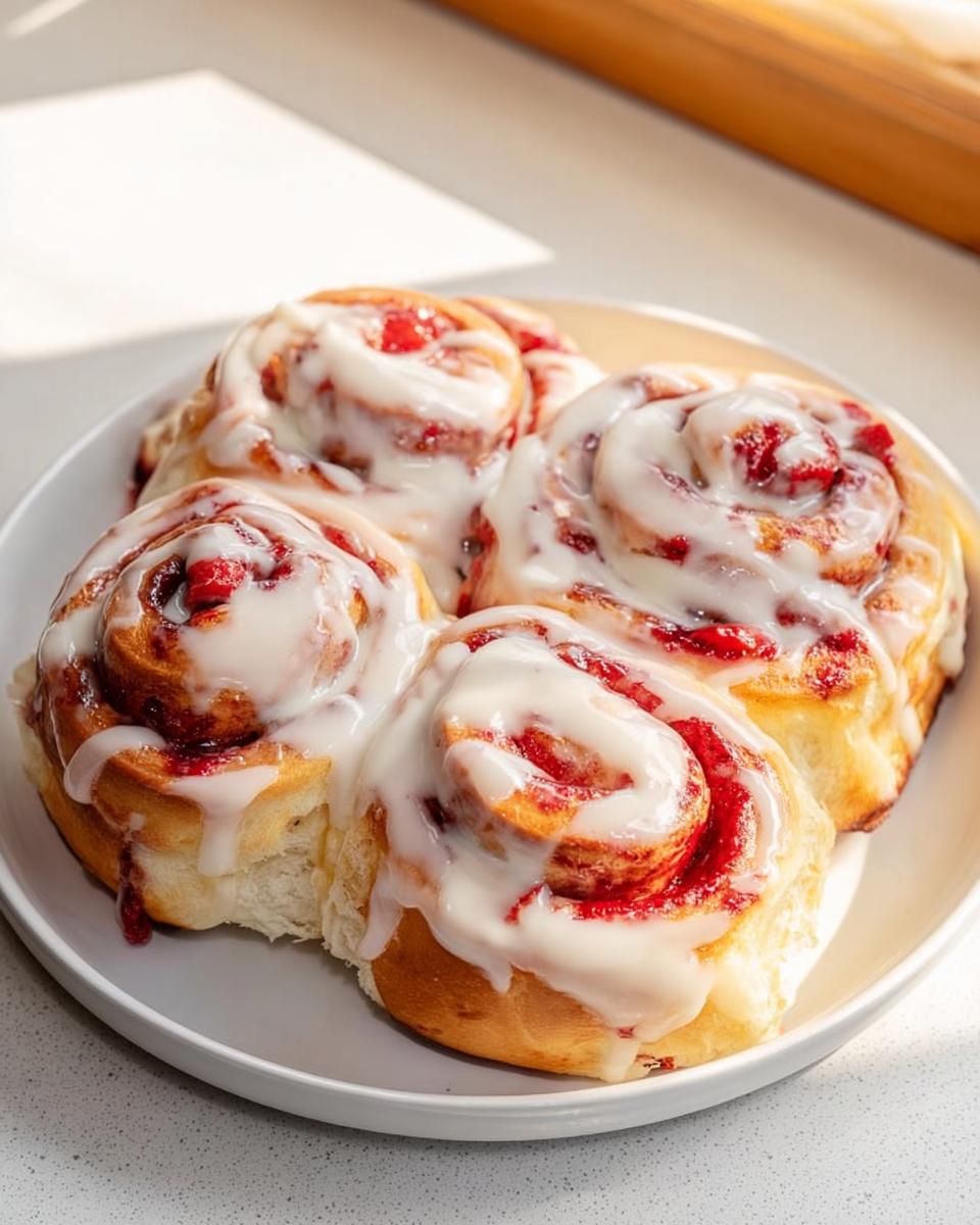 Close-up of four sweet strawberry breakfast rolls drizzled with white icing, perfect for breakfast ideas recipes.