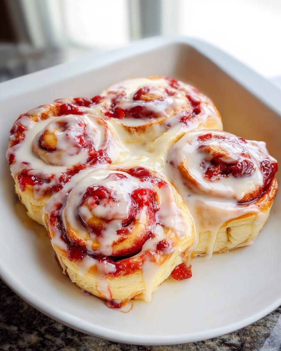 Four sweet strawberry cinnamon rolls drizzled with white icing, perfect for breakfast ideas recipes.